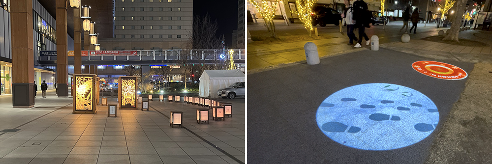 長野駅前広場の大灯籠とセントラルスクエアの回るプロジェクションアート